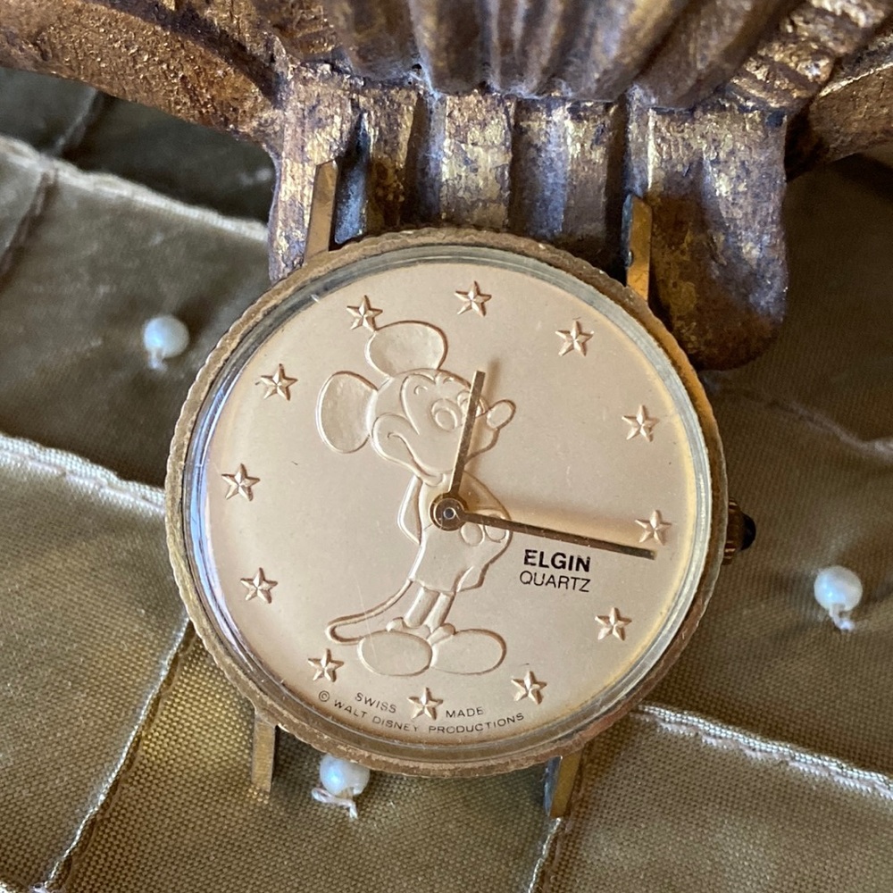 ELGIN Mickey Mouse Gold Tone Character Watch Walt Disney Productions